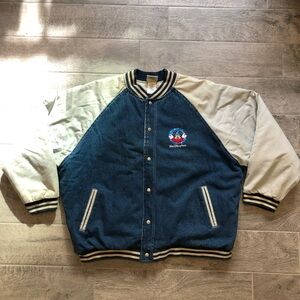 Vintage 90s Walt Disney World Mickey Letterman Denim Varsity Jacket Men Size XXL